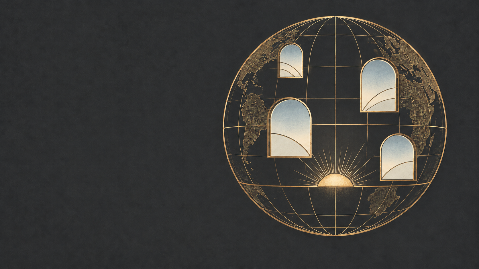 An elegant gold line-art globe with four windows of opportunity